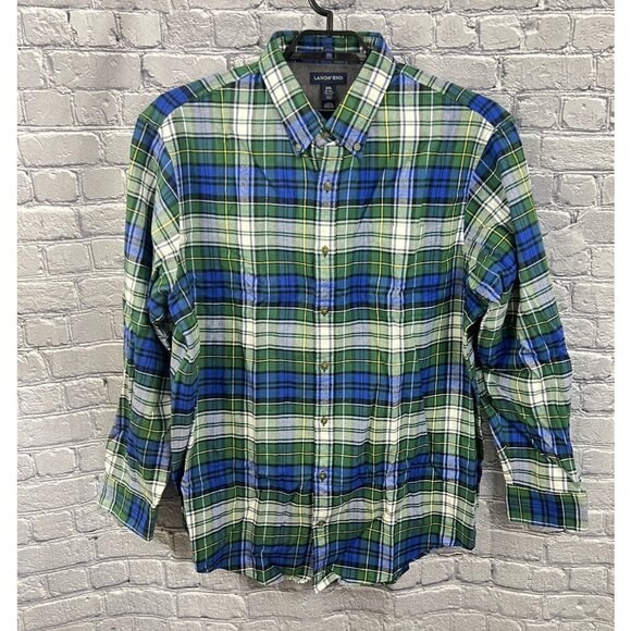 Lands' End Mens Flannel Shirt Traditional Fit 2XL Tall  18-18 1/2 NEW Green Blue - Picture 1 of 4
